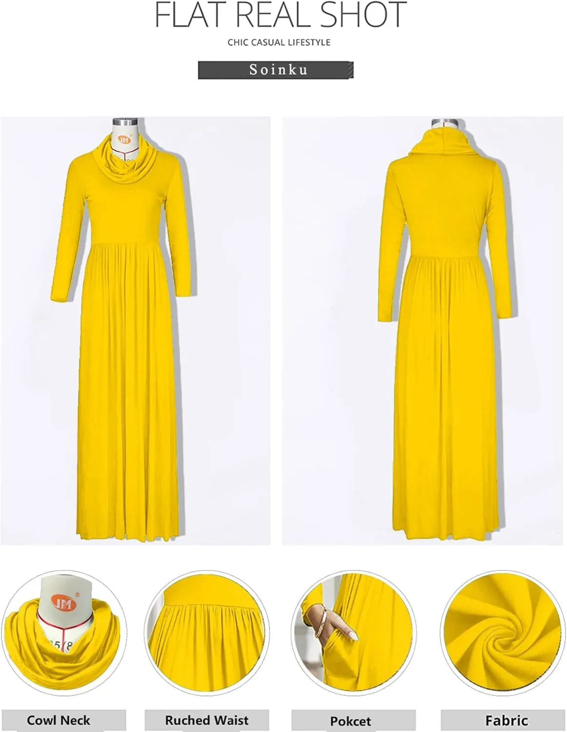Women's Winter Long Sleeve Casual Maxi Dress Cowl Neck Empire Waist Plain Loose Long Dress with Pockets