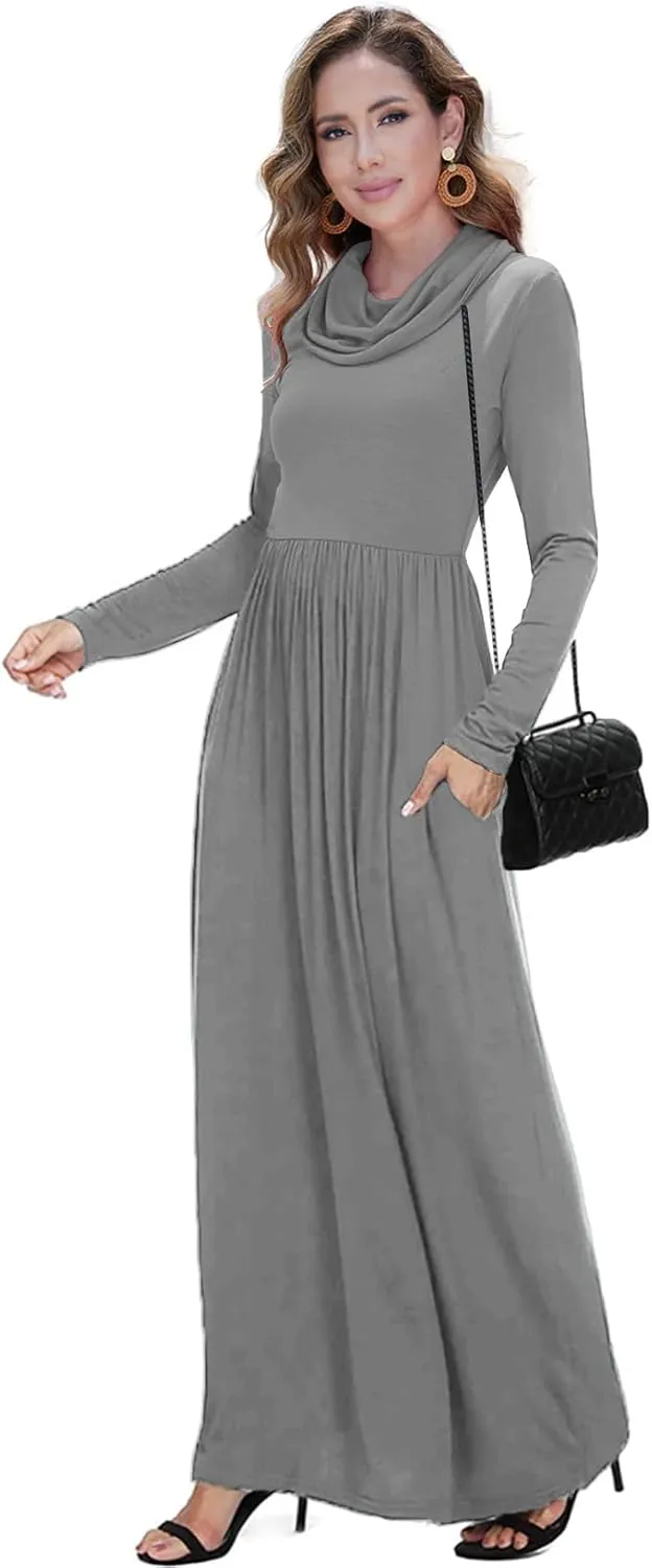 Women's Winter Long Sleeve Casual Maxi Dress Cowl Neck Empire Waist Plain Loose Long Dress with Pockets