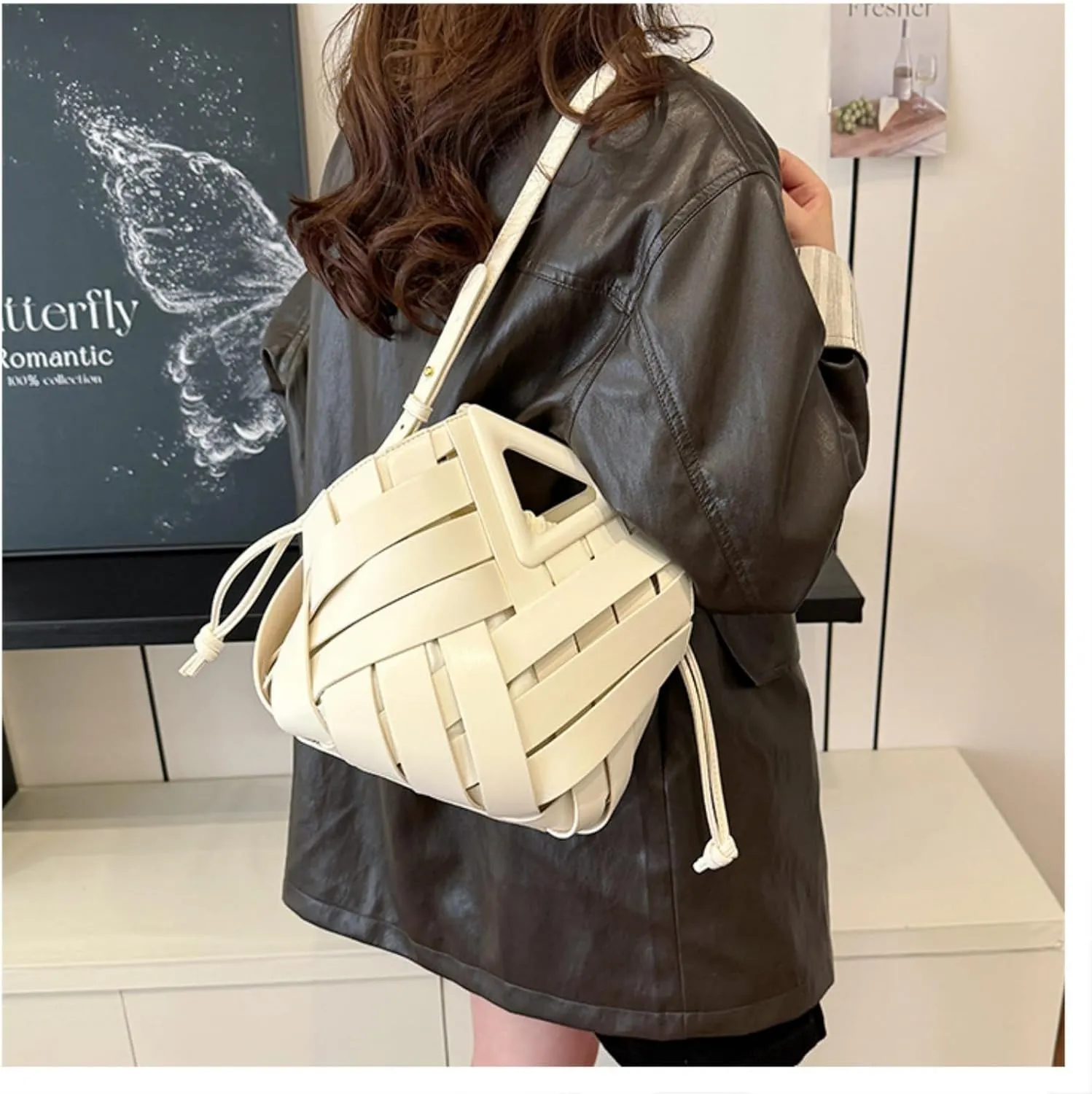 Woven Bucket Crossbody Bags for Women, Retro Leather Tote Handbag Top-handle Hobo Purse Inverted Triangle Shoulder Bag