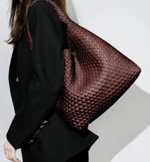Woven Tote Bag for Women – Large Premium Vegan Leather Shoulder Handbag, Perfect for Work, Travel, and Daily Use (Chocolate)