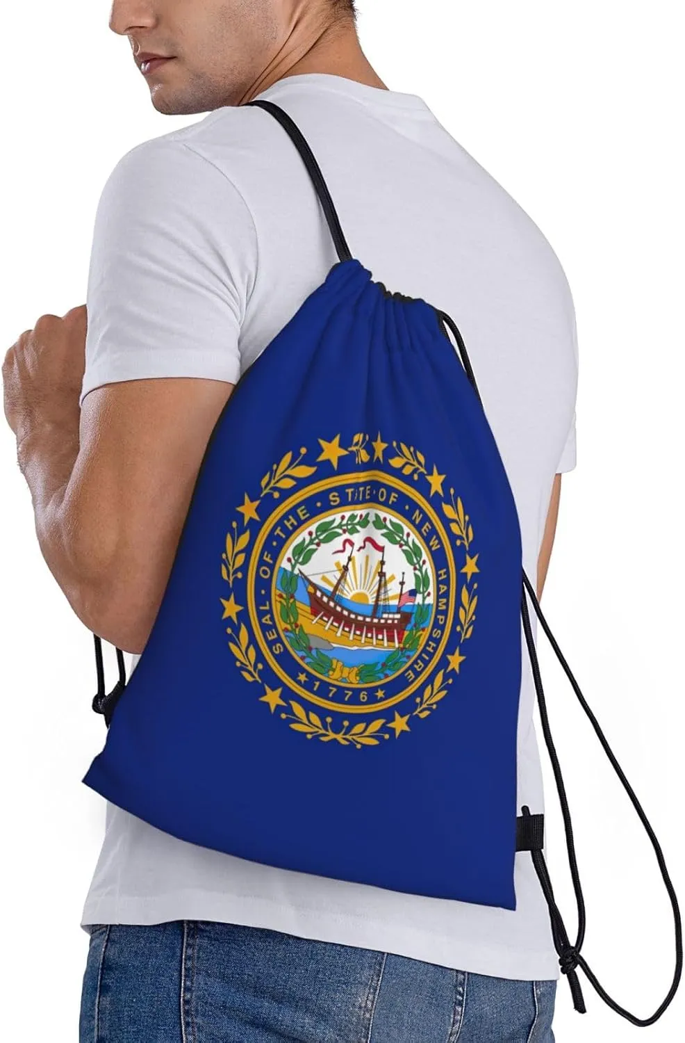 WURTON New Hampshire State Flag Print Lightweight Drawstring Bags Waterproof Gym Sack For Men, Women Draw String Back Bag
