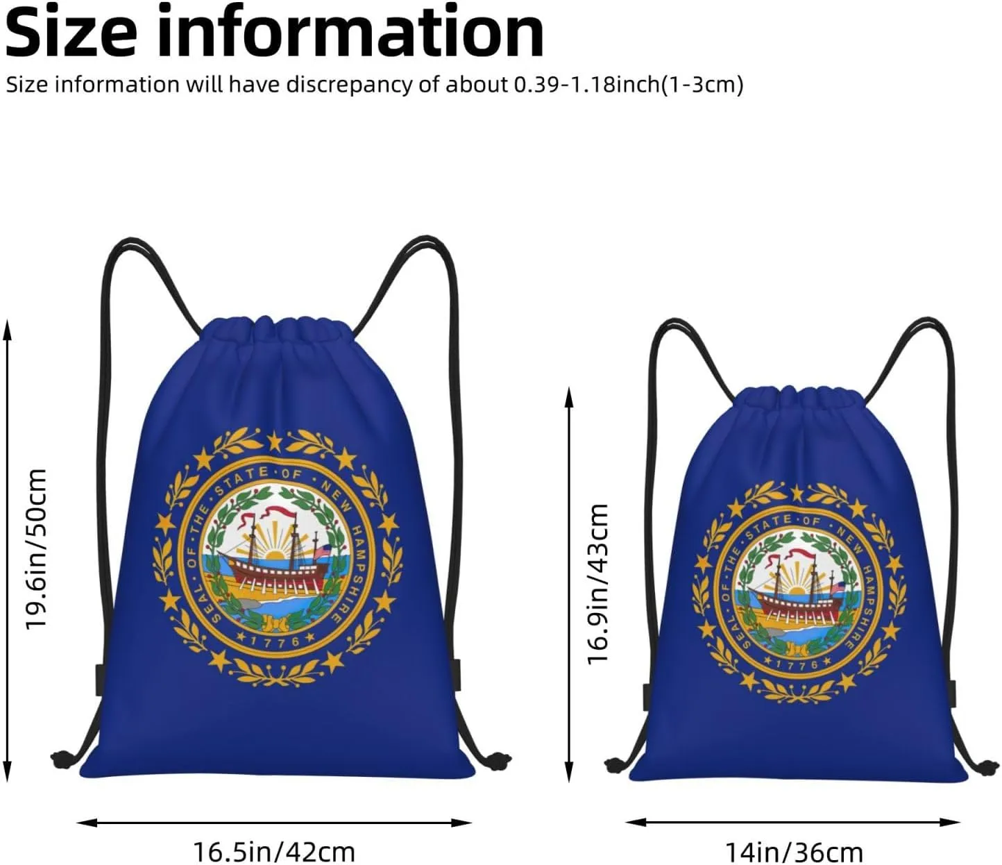 WURTON New Hampshire State Flag Print Lightweight Drawstring Bags Waterproof Gym Sack For Men, Women Draw String Back Bag