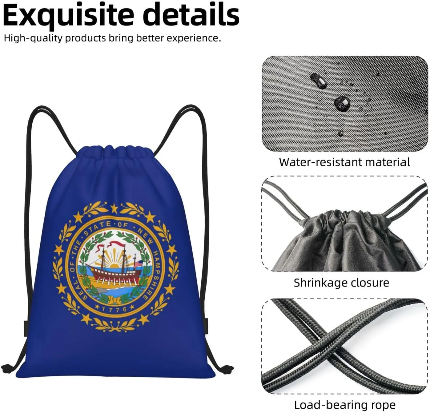 WURTON New Hampshire State Flag Print Lightweight Drawstring Bags Waterproof Gym Sack For Men, Women Draw String Back Bag