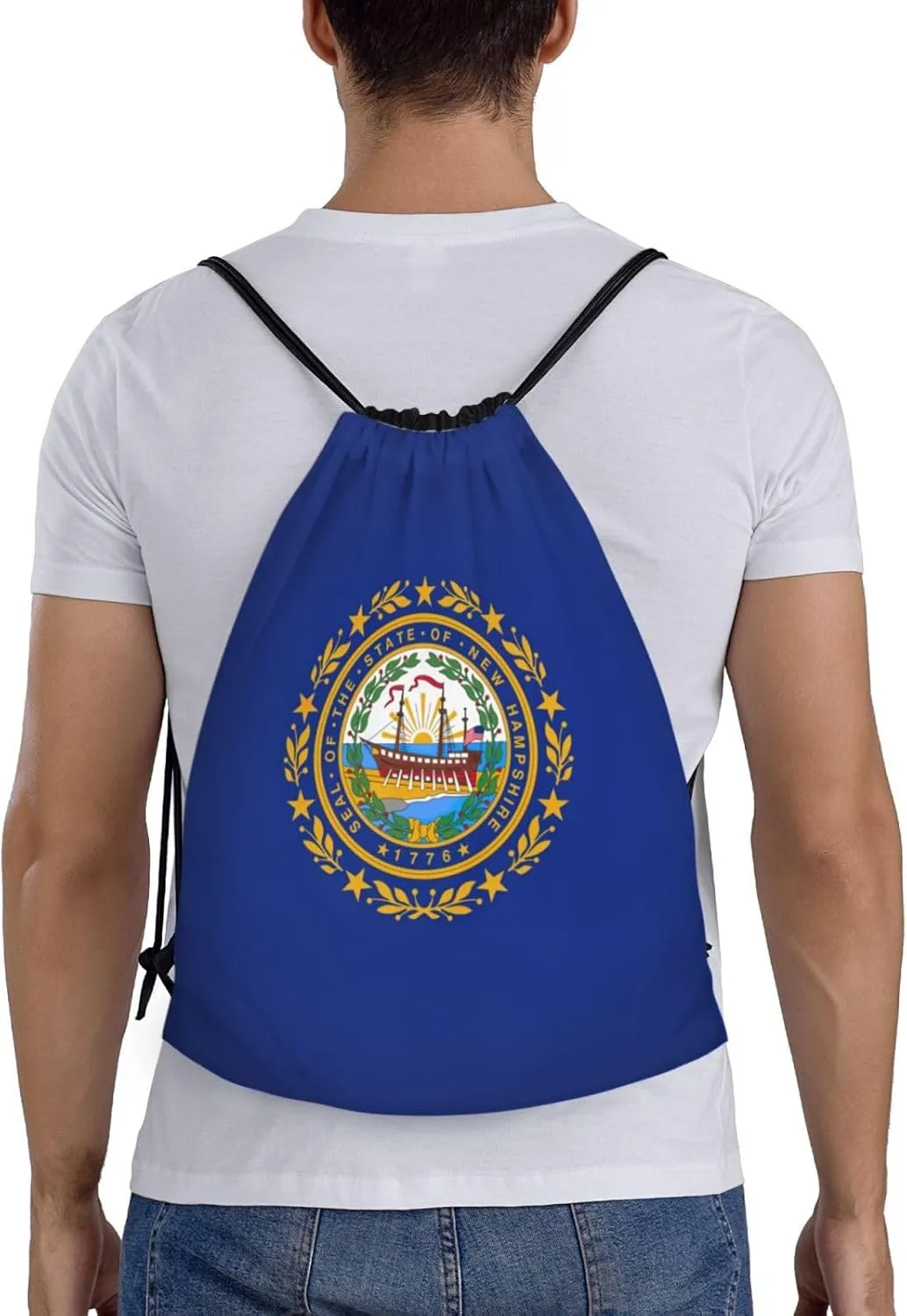 WURTON New Hampshire State Flag Print Lightweight Drawstring Bags Waterproof Gym Sack For Men, Women Draw String Back Bag