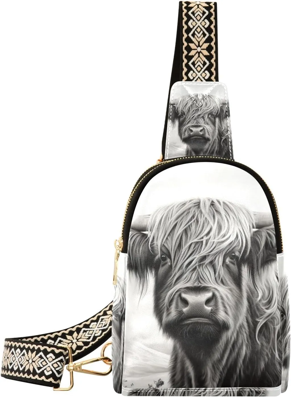 xigua Small Sling Bag for Women Highland Cow Grey Fanny Pack Faux Leather Crossbody Bags Lightweight Chest Bag