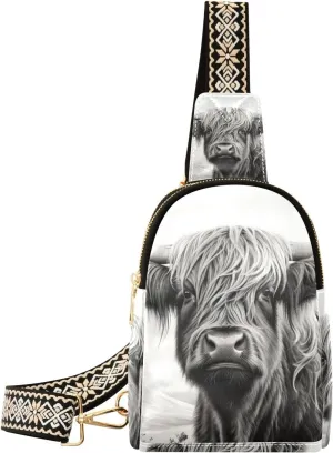 xigua Small Sling Bag for Women Highland Cow Grey Fanny Pack Faux Leather Crossbody Bags Lightweight Chest Bag