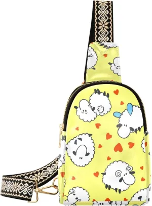 xigua Small Sling Bag for Women Sheep Pattern Yellow Fanny Pack Faux Leather Crossbody Bags Lightweight Chest Bag