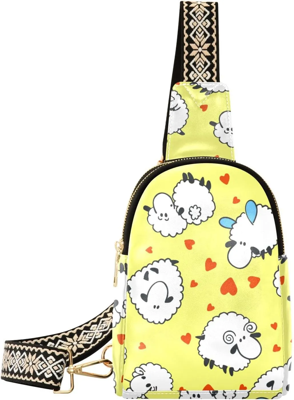 xigua Small Sling Bag for Women Sheep Pattern Yellow Fanny Pack Faux Leather Crossbody Bags Lightweight Chest Bag