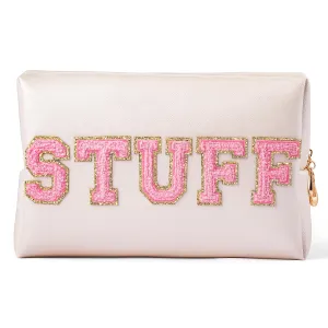 Y1tvei Preppy Makeup Bag Gifts - Preppy Patch Extra Large Stuff Varsity Letter Makeup Bag Sewn with Pink Letter PU Leather Waterproof Cosmetic Pouch Toiletry Zipper Organizer for Women (Shell Gold)