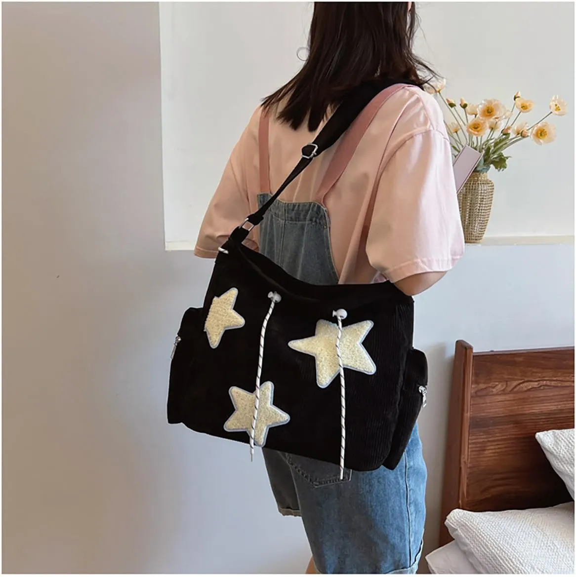 Y2K Star Hobo Bag for Women – Corduroy Drawstring Crossbody Bag, Aesthetic Travel Shoulder Tote (Black)