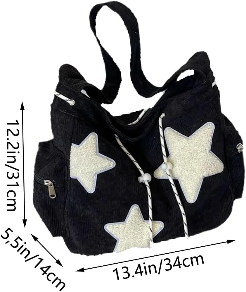 Y2K Star Hobo Bag for Women – Corduroy Drawstring Crossbody Bag, Aesthetic Travel Shoulder Tote (Black)