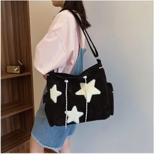 Y2K Star Hobo Bag for Women – Corduroy Drawstring Crossbody Bag, Aesthetic Travel Shoulder Tote (Black)