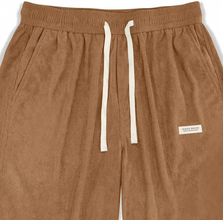 ZAFUL Mens Corduroy Straight Leg Pants Long Solid Elastic Waist Casual Pants Loose Fit Going Out Pants with Pockets