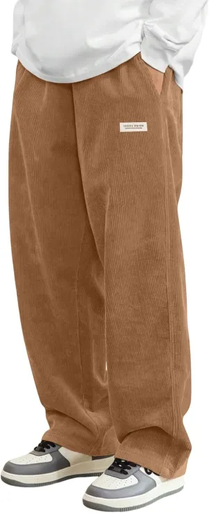 ZAFUL Mens Corduroy Straight Leg Pants Long Solid Elastic Waist Casual Pants Loose Fit Going Out Pants with Pockets