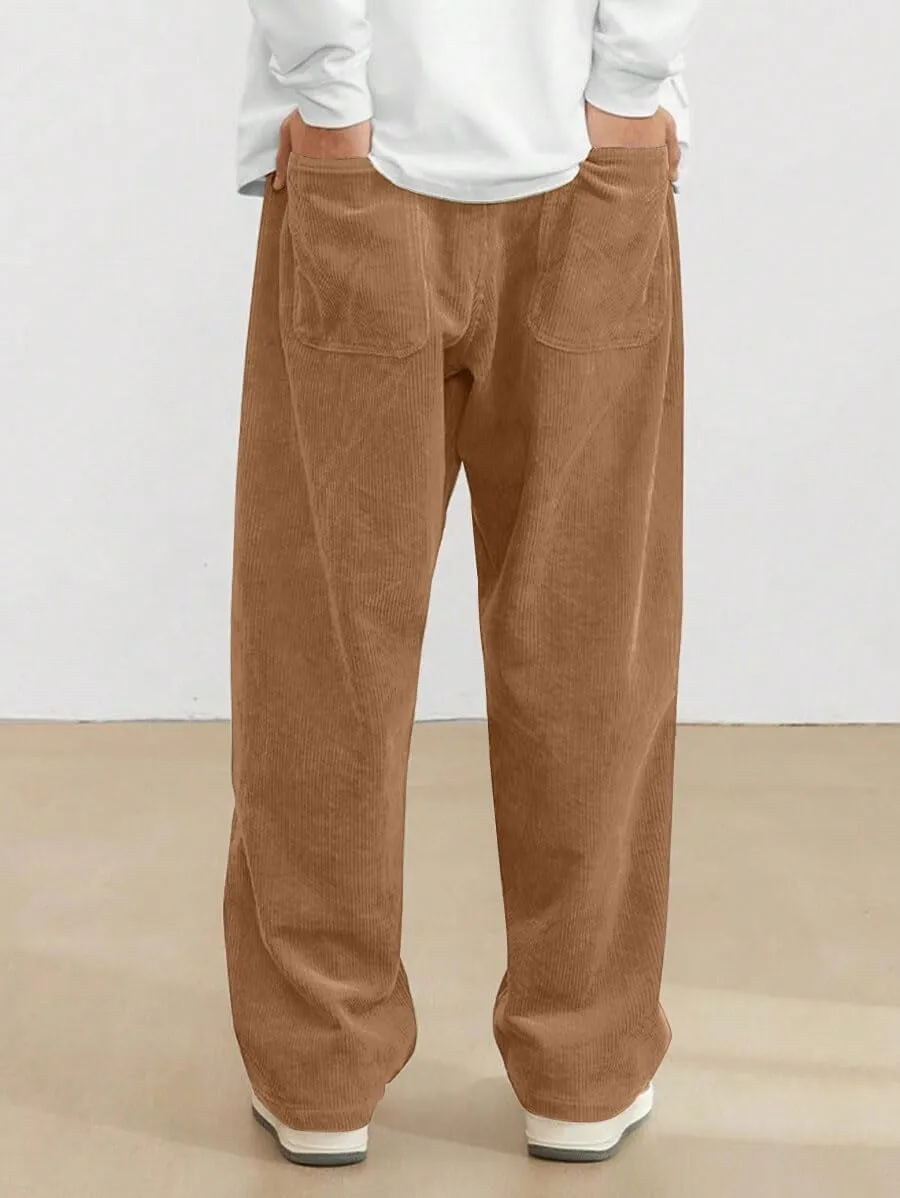 ZAFUL Mens Corduroy Straight Leg Pants Long Solid Elastic Waist Casual Pants Loose Fit Going Out Pants with Pockets