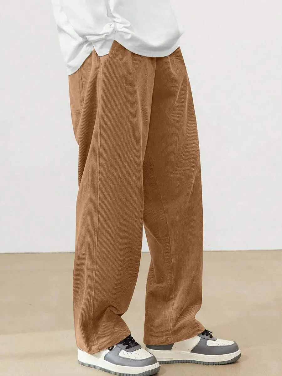 ZAFUL Mens Corduroy Straight Leg Pants Long Solid Elastic Waist Casual Pants Loose Fit Going Out Pants with Pockets