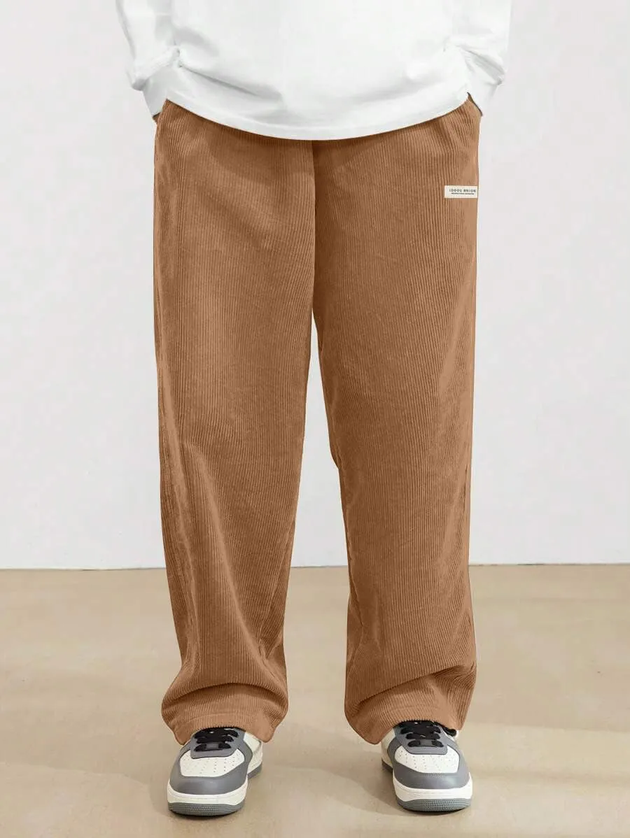 ZAFUL Mens Corduroy Straight Leg Pants Long Solid Elastic Waist Casual Pants Loose Fit Going Out Pants with Pockets