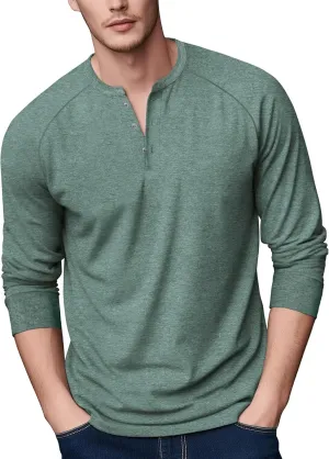 Zengjo Mens Long Sleeve Henley Shirts Stretch Casual 3 Button Tee Baisc Plain