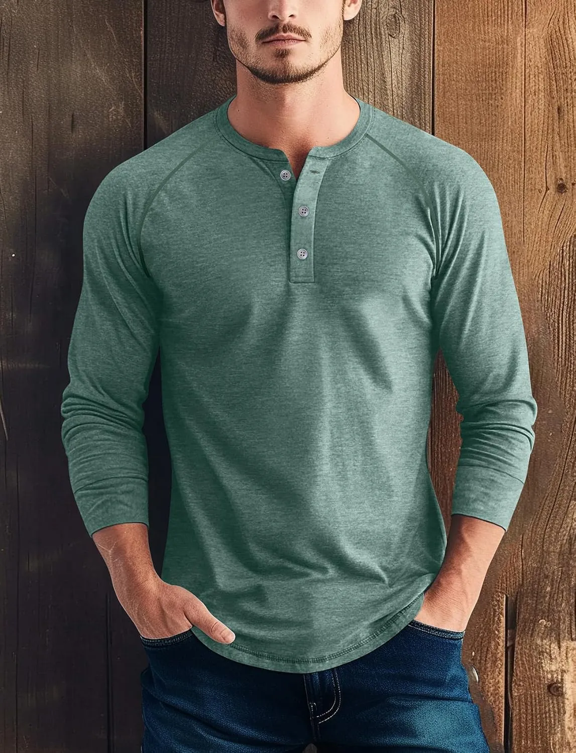 Zengjo Mens Long Sleeve Henley Shirts Stretch Casual 3 Button Tee Baisc Plain