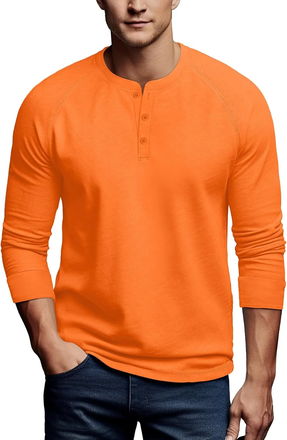 Zengjo Mens Long Sleeve Henley Shirts Stretch Casual 3 Button Tee Baisc Plain