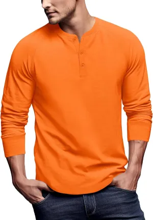 Zengjo Mens Long Sleeve Henley Shirts Stretch Casual 3 Button Tee Baisc Plain