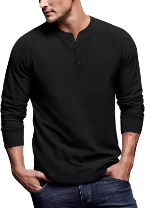 Zengjo Mens Long Sleeve Henley Shirts Stretch Casual 3 Button Tee Baisc Plain