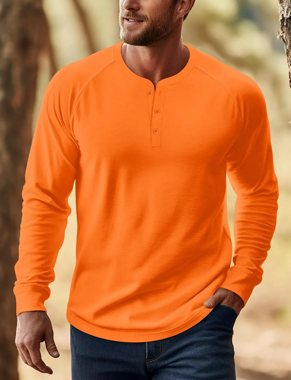 Zengjo Mens Long Sleeve Henley Shirts Stretch Casual 3 Button Tee Baisc Plain