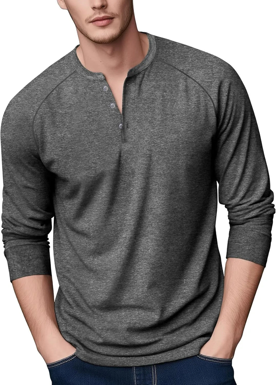 Zengjo Mens Long Sleeve Henley Shirts Stretch Casual 3 Button Tee Baisc Plain