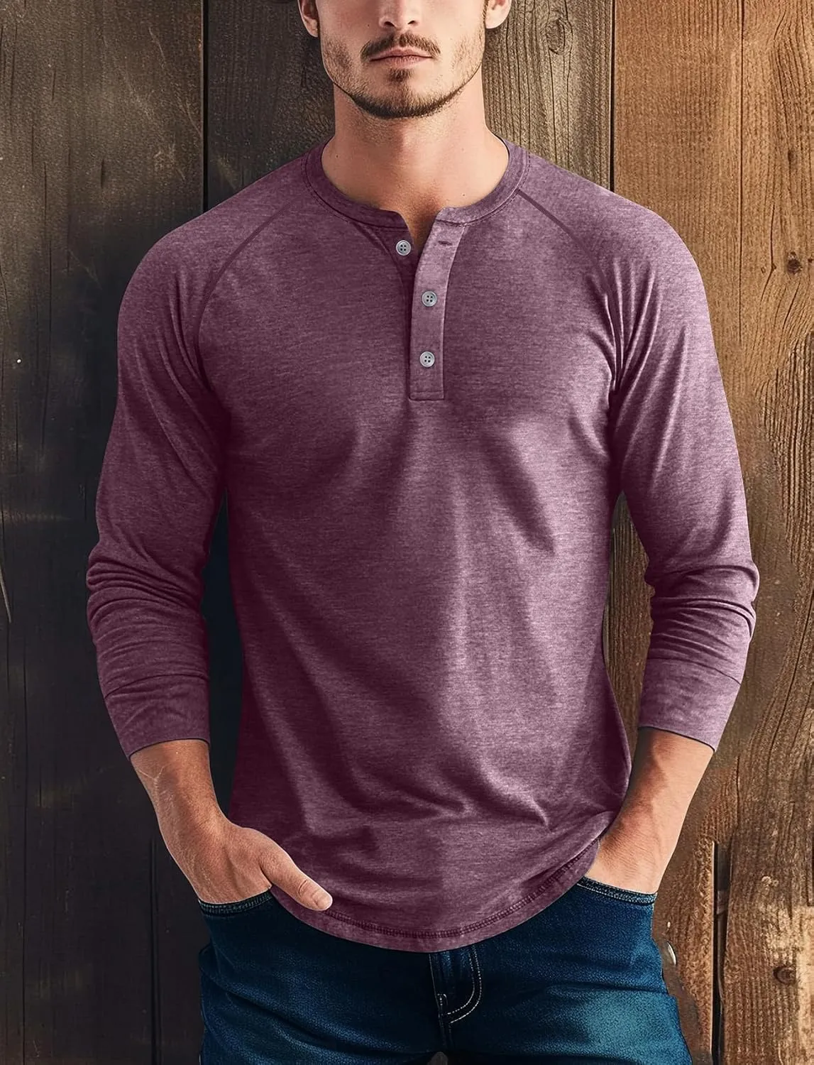 Zengjo Mens Long Sleeve Henley Shirts Stretch Casual 3 Button Tee Baisc Plain