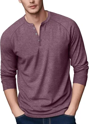 Zengjo Mens Long Sleeve Henley Shirts Stretch Casual 3 Button Tee Baisc Plain