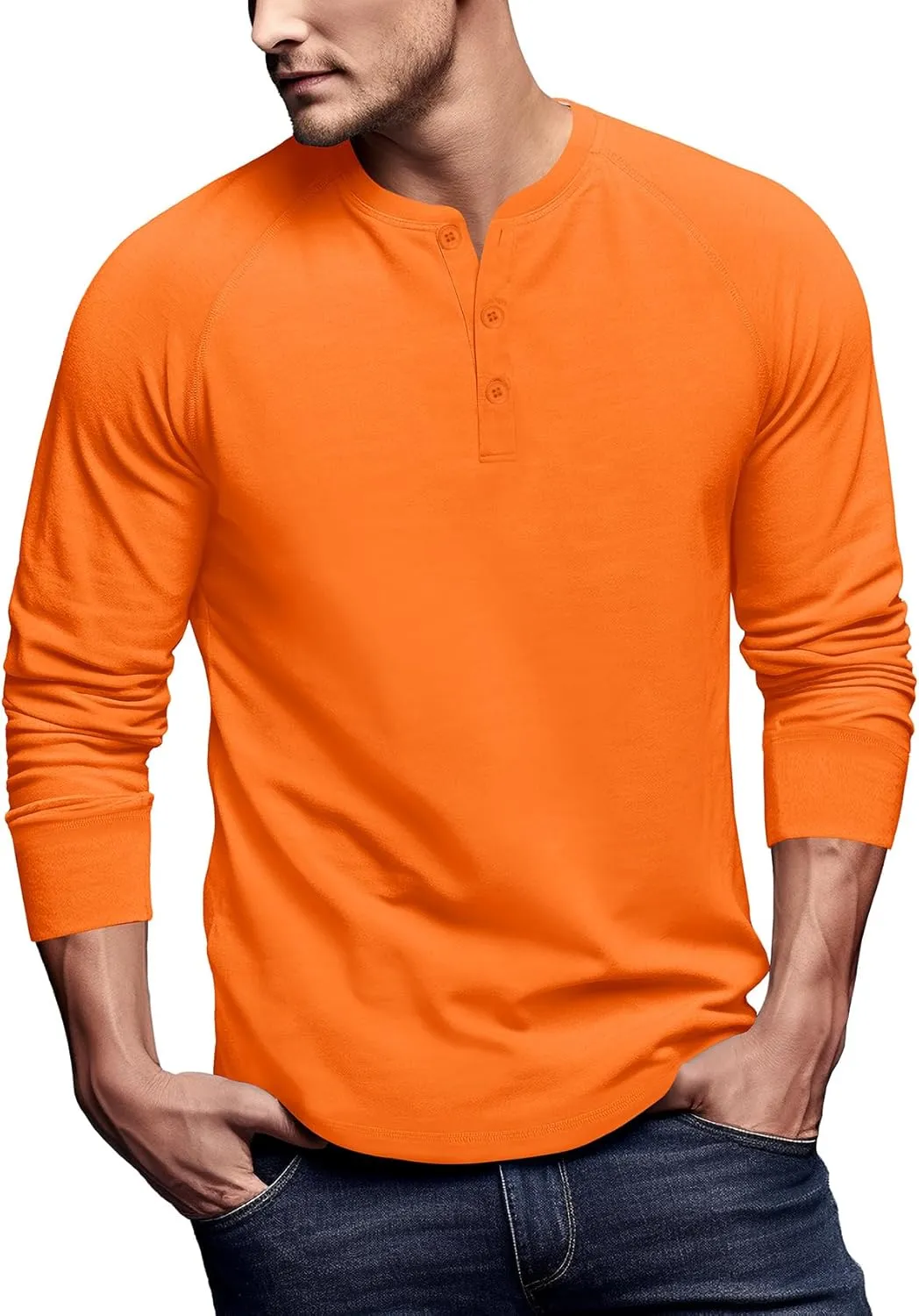 Zengjo Mens Long Sleeve Henley Shirts Stretch Casual 3 Button Tee Baisc Plain