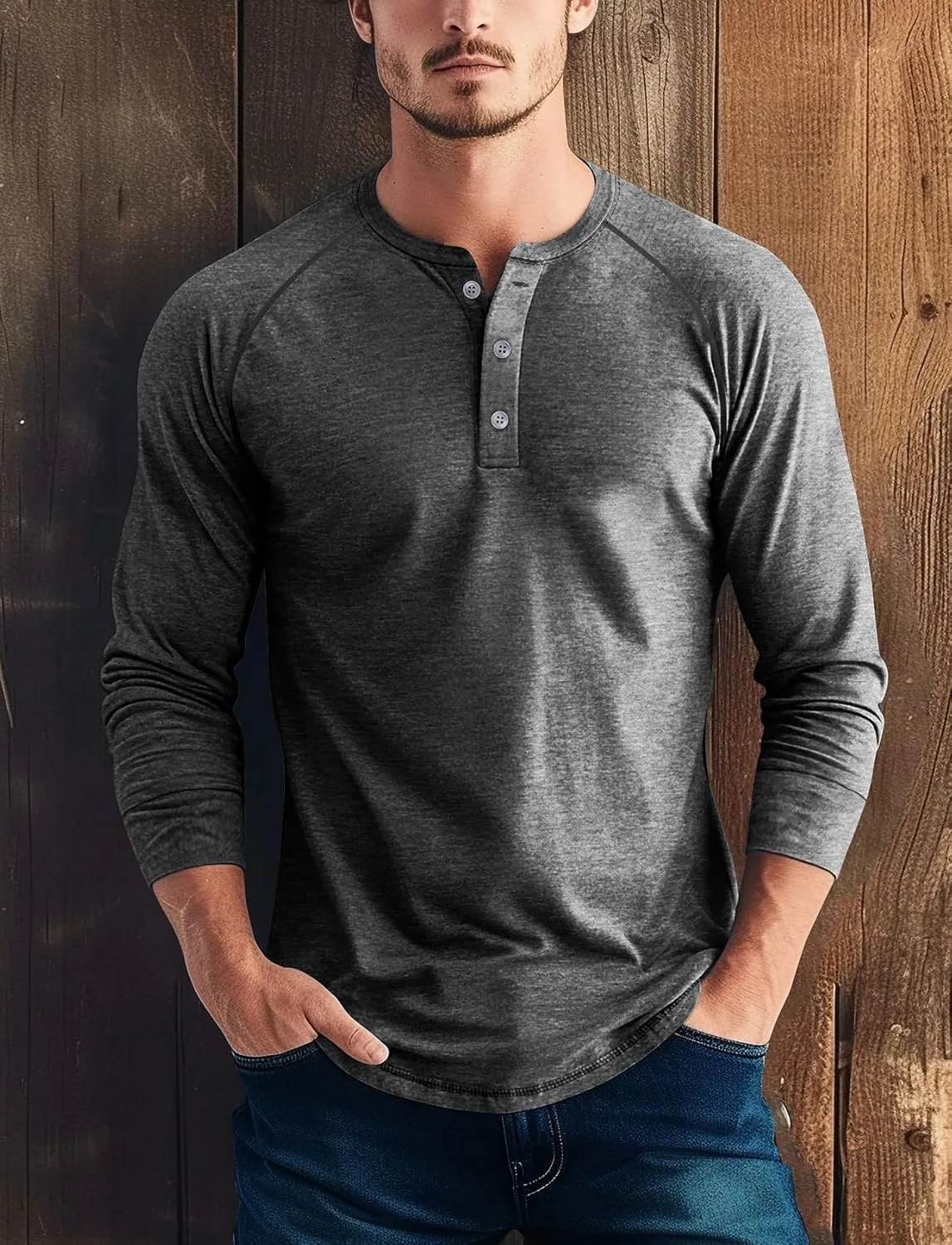 Zengjo Mens Long Sleeve Henley Shirts Stretch Casual 3 Button Tee Baisc Plain