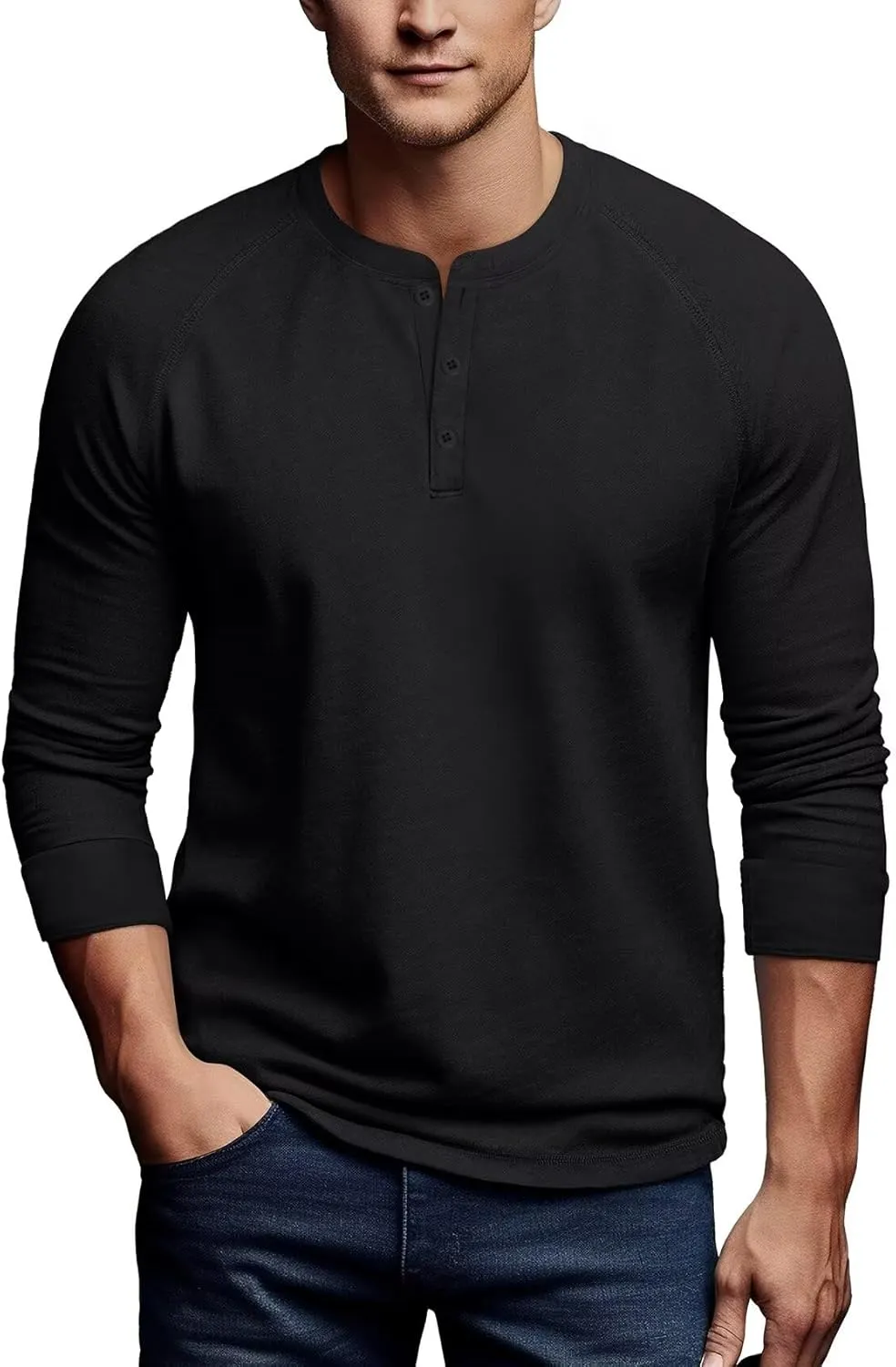 Zengjo Mens Long Sleeve Henley Shirts Stretch Casual 3 Button Tee Baisc Plain