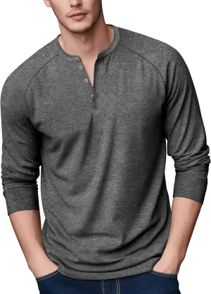 Zengjo Mens Long Sleeve Henley Shirts Stretch Casual 3 Button Tee Baisc Plain
