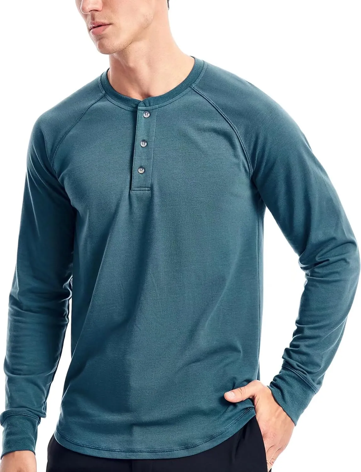 Zengjo Mens Long Sleeve Henley Shirts Stretch Casual 3 Button Tee Baisc Plain