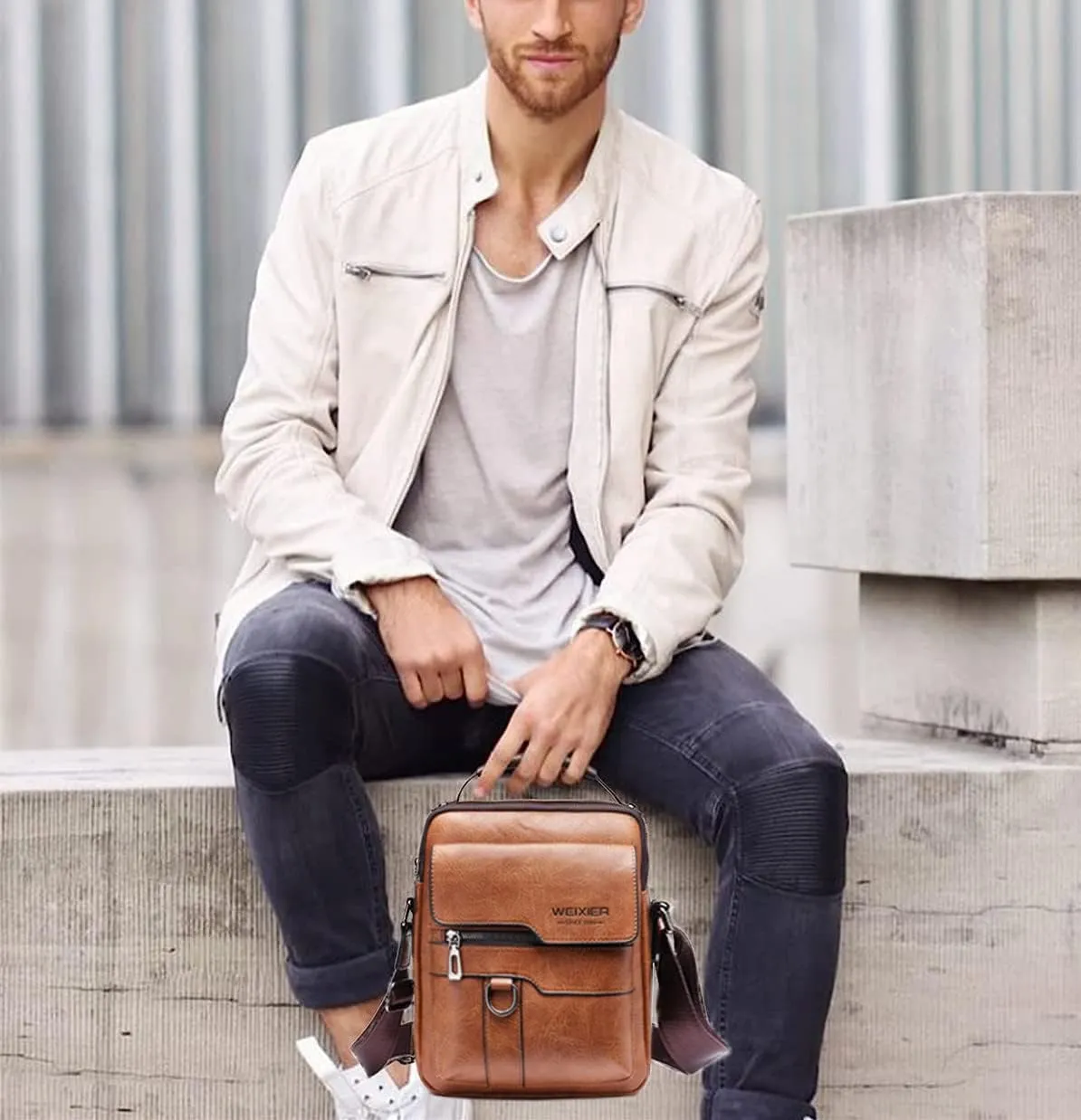 Zipper Buckle Leather Messenger Bag Crossbody Shoulder Bag Vintage Handle Bags