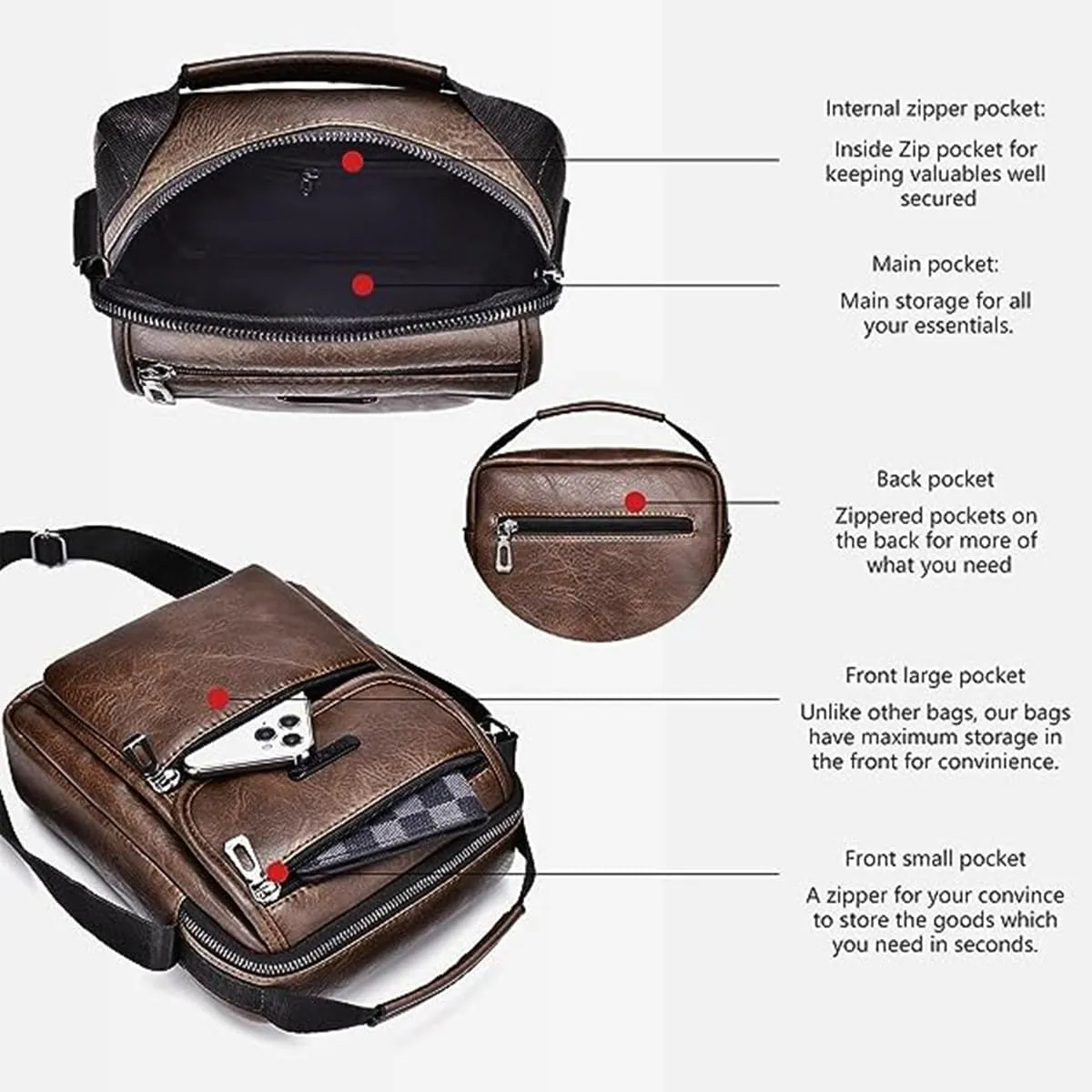 Zipper Buckle Leather Messenger Bag Crossbody Shoulder Bag Vintage Handle Bags