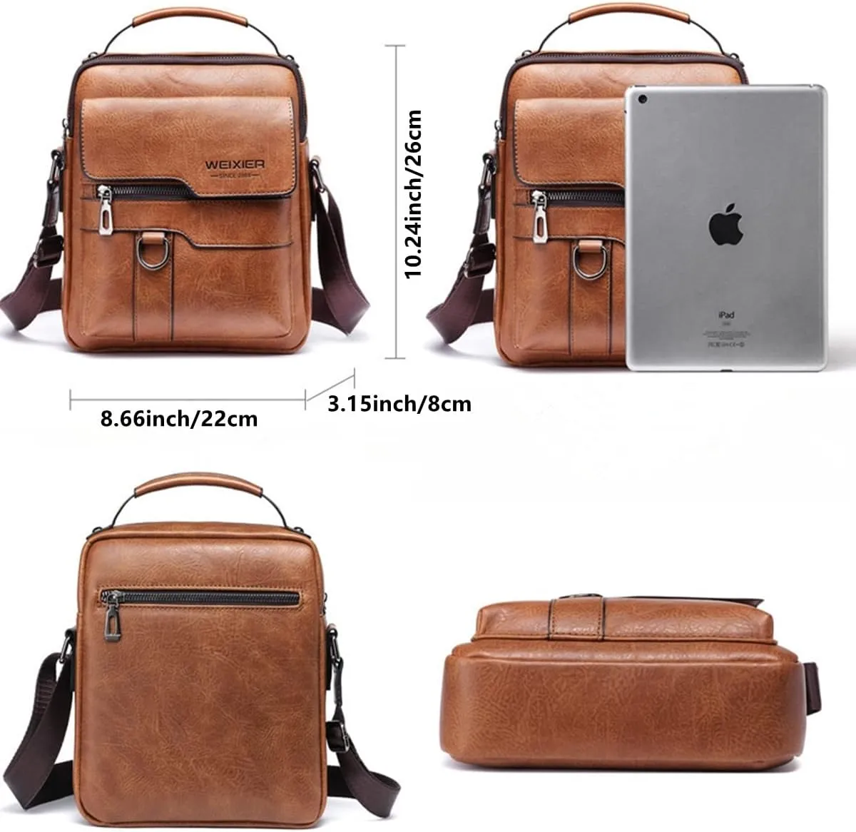 Zipper Buckle Leather Messenger Bag Crossbody Shoulder Bag Vintage Handle Bags