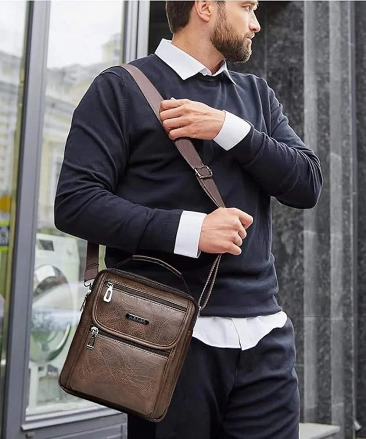 Zipper Buckle Leather Messenger Bag Crossbody Shoulder Bag Vintage Handle Bags